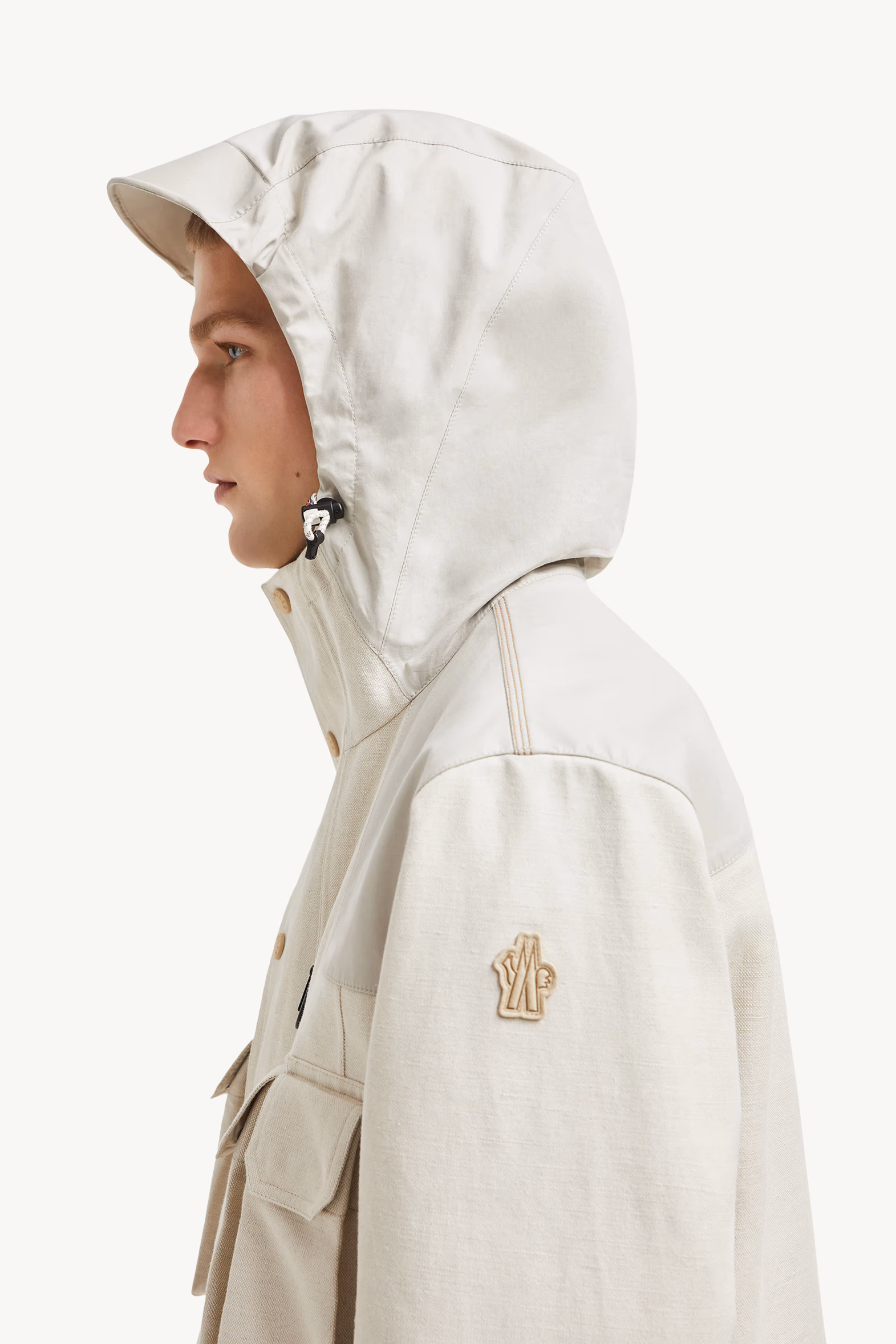 Chaqueta de campo de lino y algodón con capucha Spur Hombre Beige Claro Moncler 4